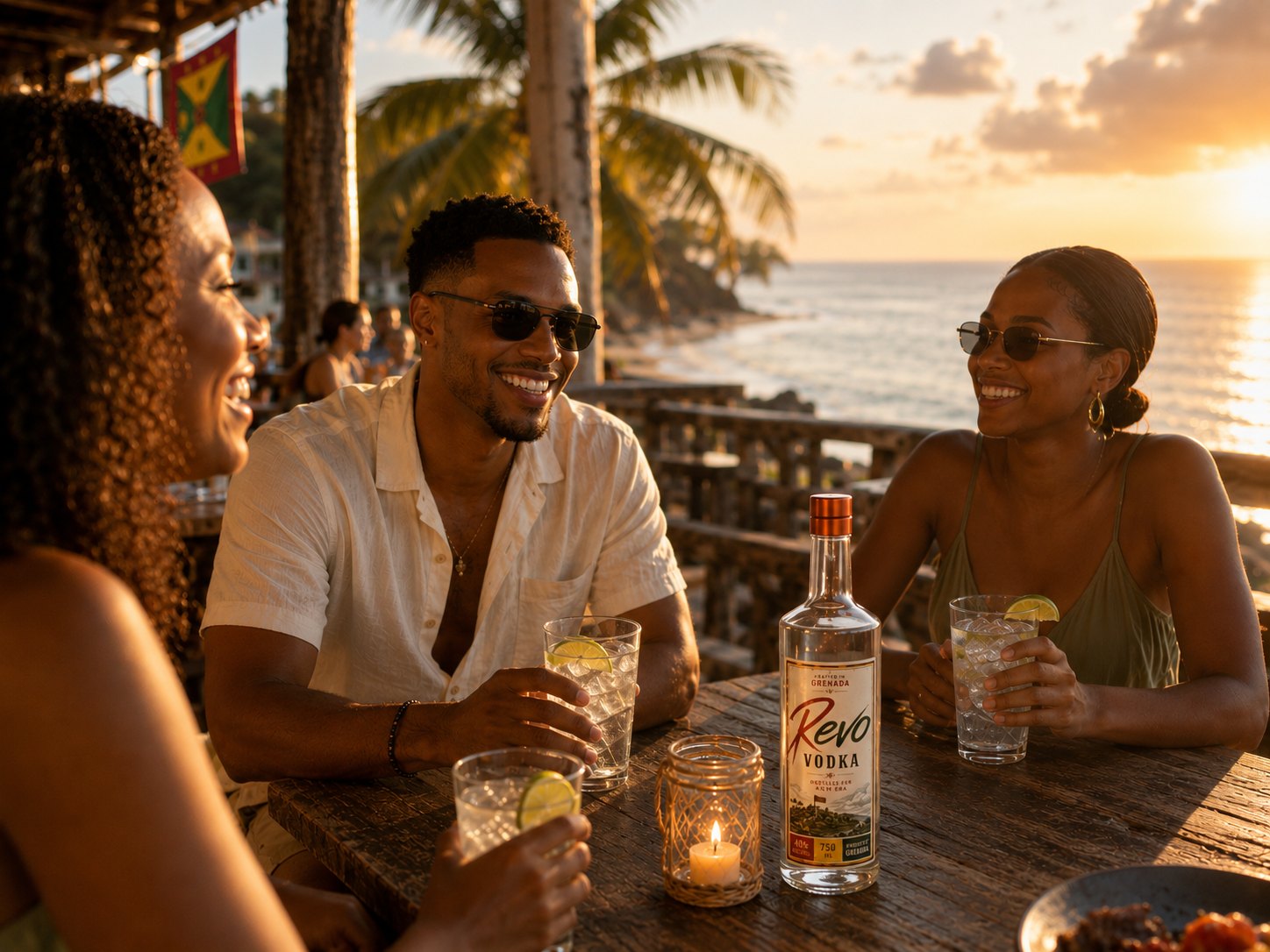 Friends enjoying Revo Vodka at a beachside bar in Grenada